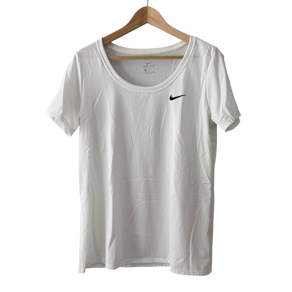 Nike White Scoop Neck Dri-FIT Tee with Black Swoosh